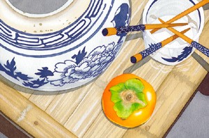 Persimmon and Japanese Pot